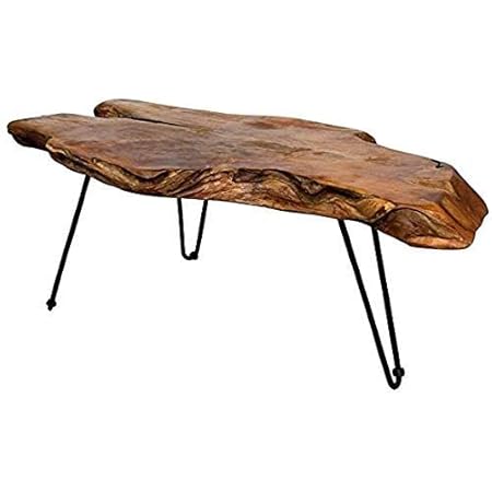 StyleCraft Badang Carving Natural Wood Edge Teak Contemporary Coffee Cocktail Table with Clear Lacquer Finish and Metal Hairpin Legs for Living Room