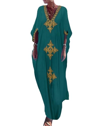 Bsubseach Gold Stickerei Lange Kaftan Kleider V-Ausschnitt Kaftan Kleid Strand Cover Ups für Frauen Pfau Grün