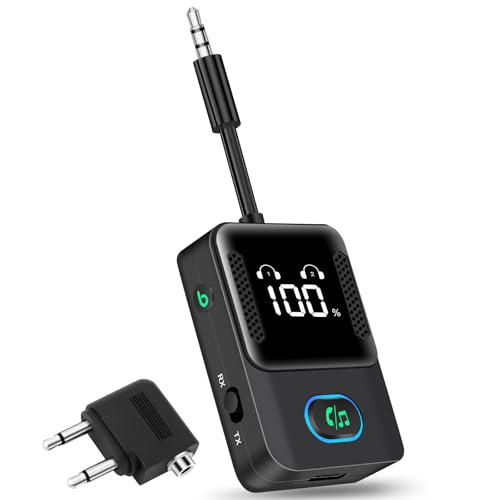 Bluetooth 5.3 Adapter Auto Transmitter, 2-in-1 Aux Adapter BASS Bluetooth Sender Empfänger Mit LED-Anzeige Unterstützt 2 Headphones oder Kopfhörer mit aptX Low Latency