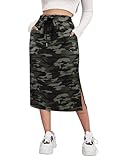 SOFIA'S CHOICE Women's Midi Skirts Drawstring High Waist Slit Skirt with Pockets Camo Green Small