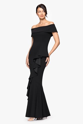 Image of Betsy & Adam Women's Women's Long Off Shoulder Cascade Ruffle Stetch Scuba Crepe Gown