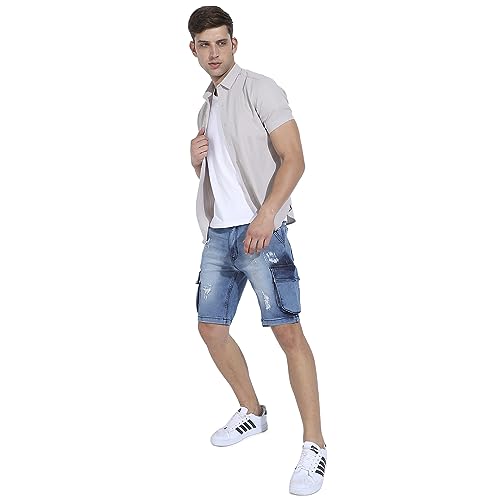 Image of CAHOOT Men's Side-Striped Denim Shorts for Casual Wear | Dark-Wash | Regular Fit | Button Closure | Denim Shorts Crafted with Comfort Fit for Everyday Wear