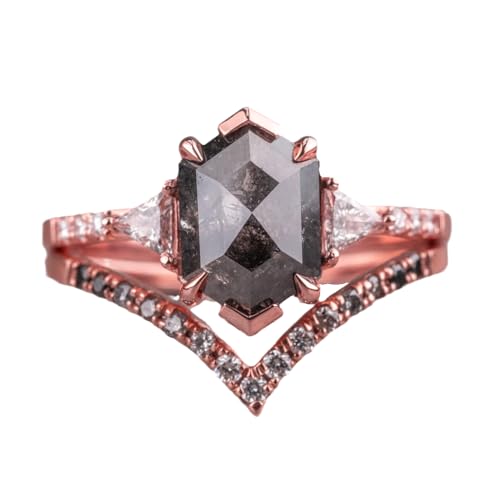 1.5ct Hexagon Cut Natural Salt And Pepper Diamond Engagement Ring Set for Women Sterling Silver/10K 14K 18K Gold Salt And Pepper Diamond Engagement Wedding Ring Set Anniversary Promise Rings