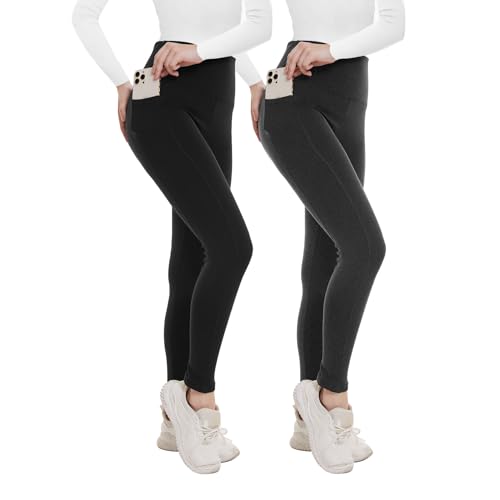 2 Pack Fleece Lined Leggings for Women - Thermal Winter Warm Tights Tummy Control High Waisted Workout Yoga Pants Two Pockets Small-Medium Fleece Lined Black/Dark Grey-heather,2packs(pockets