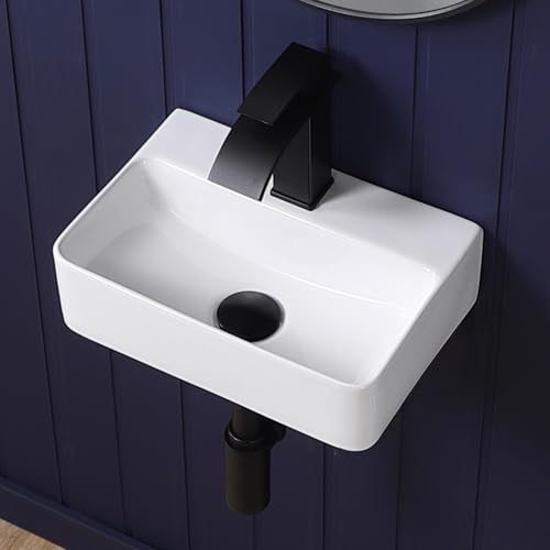 KMOEM Small Wall Mount Bathroom Vessel Sink 14x10 Rectangular Floating White Porcelain Ceramic Wall Hung Vanity Basin Sink for Tiny Home RV Bathroom