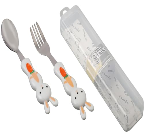 Image of JAXHOM Cute Bunny Kids Cutlery Set - Spoon & Fork with Travel Case | Stainless Steel Utensils with Adorable Animal Design - Perfect for Toddlers & Children (White)