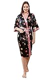 Westkun Damen Kimono Morgenmantel Satin Leicht Japanisch Bademantel Sexy V-Ausschnitt Lang Nachthemd mit Taschen Robe Cardigan für Braut Nachtwäsche(Schwarz Blumen,XL)