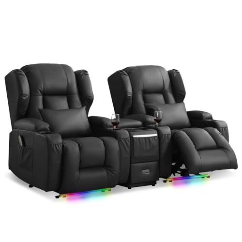 Image of DRMBOOK Power Recliner Chair, Electric Wall Hugger Reclining Sofa with Massage & Heat, Overstuffed Theater Seating with LED /USB /Cup Holder for Living Room (Leather Black, 2 Chairs with Console)