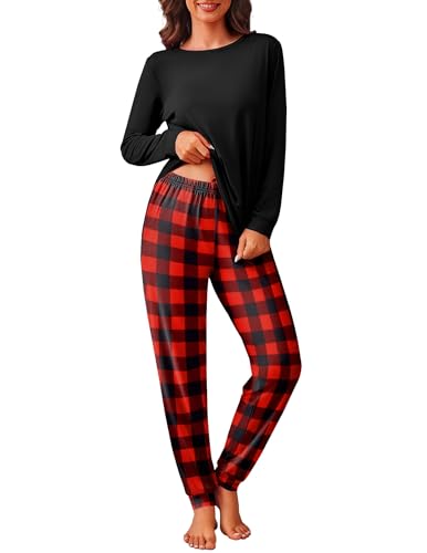 Ekouaer Schlafanzug Damen Lang Kuschelig Pyjama Set mit Bündchen Kariert Pyjamahose mit Tasche, Rot, XL
