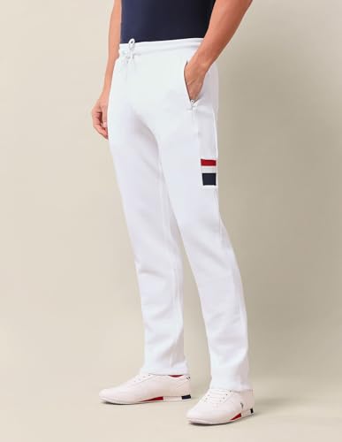 Image of U.S. Polo Assn. Men's White Solid Mid Rise Cotton Drawstring Slim Fit Flat Front Slit Pocket Track Pants