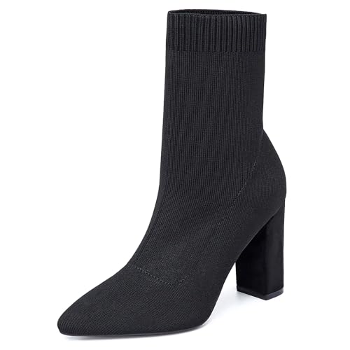 Women's Pointed Toe Ankle Boots - Minimalist Chunky Heel Sock Booties, Stretch Knit Slim Fit Casual Boots for Fall & Winter - Main Image