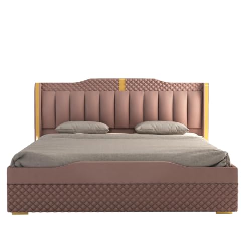 Image of Modern Upholstered Queen Size Bed with Storage | Double Bed with Box Storage & Upholstery Premium Fabric Headboard | Platform Bed for Bedroom & Hotel | Sheesham Wood | Onion Pink, 6.5 x 5 Ft