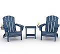 GarveeLife Folding Adirondack Chair Set of 2 with Side Table, All-Weather HDPE Outdoor Chair, Wooden Textured with Cup Holder for patios, Decks, Gardens, fire pits, Navy Blue