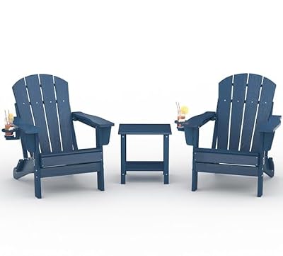 GarveeLife Folding Adirondack Chair Set of 2 with Side Table, All-Weather HDPE Outdoor Chair, Wooden Textured with Cup Holder for patios, Decks, Gardens, fire pits, Navy Blue