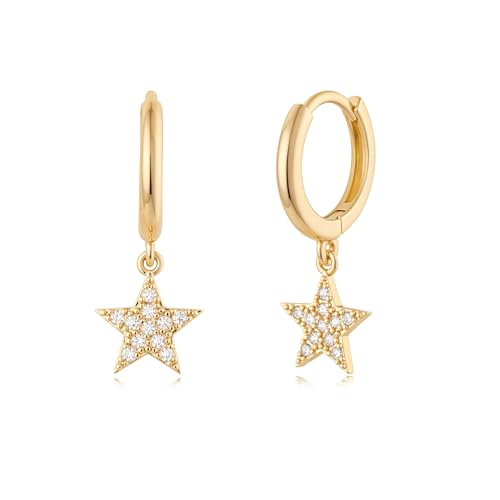 MYEARS Women Star Earrings Gold Huggie Hoop Dangle Drop Cubic Zirconia 14K Gold Plated Small Simple Hypoallergenic Everyday Jewelry