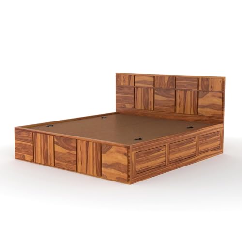 Image of Solid Sheesham Wood King Size Bed with Storage | Modern Wooden Bed with Box Storage | Strong Durable Bed Frame with Designer Headboard | Ideal for Bedroom Home & Hotel (Honey Finish)