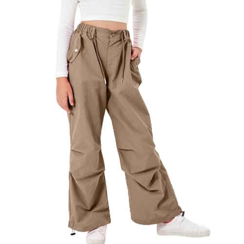 Image of Rolanko Girls Parachute Pants Y2K Cargo Pants for Girls Loose Jogger Trousers with Pockets Streetwear Kids 4-14 Years