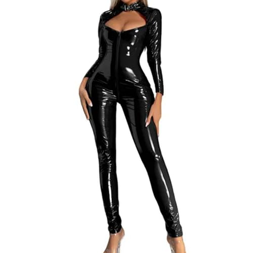 ARESU Mono de látex de PVC + diadema de manga larga entrepierna mono de cuero de PU brillante traje de club de conejita sexy -Negro-A-XXXL