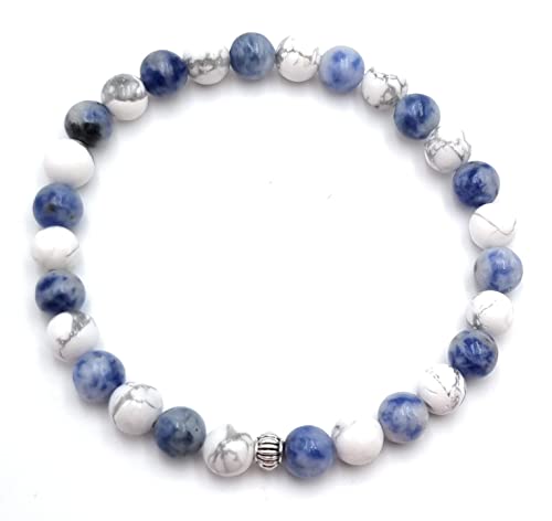 Bracelet Sodalite et Howlite en Pierres Naturelles avec 1 entretoise argentée | Taille personnalisée de 12 à 22 cm au choix | Enfant - Adulte | Perles rondes 6 mm | Création Artisanale Française