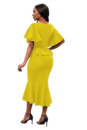 Image of Womens Summer Ruffle Short Sleeve Fishtail Dress Evening Cocktail Formal Peplum Midi Mermaid Dresses Elegant