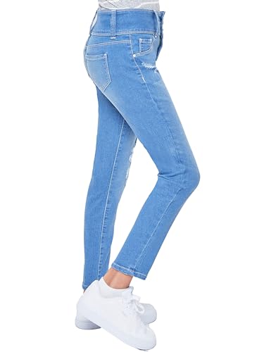 YMI Jeans Girls 3 Button Essential Skinny Jeans with Faux Front Pockets, Light Blue Rips, 122