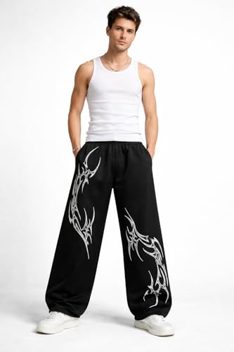 Image of Men's Baggy Track Pants,for Men - Tribal Print Oversized Fit Baggy Streetwear Gym Wear with Elastic Waist (in, Alpha, M, Regular, Light Grey)