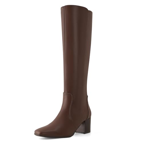 Shoe'N Tale Women's Knee High Boots Square Toe Mid Chunky Block Heeled Tall Boots Side Zipper(8,Brown)