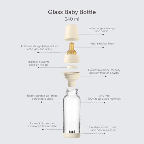 Image of BIBS Baby Glass Bottle. 8 US fl oz / 240 ml. Anti-Colic. Vented Round Natural Rubber Latex Nipple. Supports Natural Breastfeeding, Medium Flow, Complete Set - Baby Blue