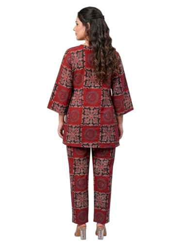 Image of Cotton Block Print Co-ord Set, Maroon and Black, V-Neck Top with Matching Pants