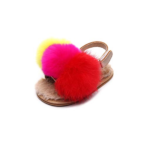 HONGTEYA Baby Toddler Sandals Faux Fur Slides for Baby Girls Summer Open Toe Sandals Adjustable Straps Non Slip Shoes Indoor Outdoor Infant Slippers with Rubber Soles for First Walkers Khaki