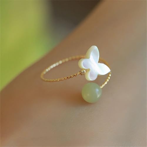 Dainty Green Ball Adjustable Open Wrap Ring for Women Gold Plated Stacking Statement Wedding Artificial Jade Shell Stone Finger Rings Fashion Layered Comfort Fit Christmas Holiday Jewelry (Butterfly)3