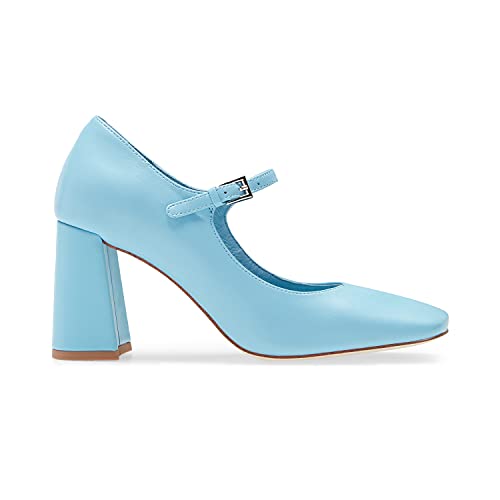 FOWT Women Square Toe High Chunky Heel Pumps Adjustable Mary-Jane Strap with Sliver Buckle Heels, Fashion Flower Pattern Glossy Leather Shoes for Ladies Work Party School 4-16 US Size4