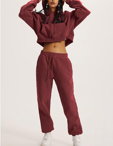 Flygo Womens Fleece 2 Piece Outfits Sweatsuit Crop Pullover Sweatshirt Joggers Pants Tracksuit Set