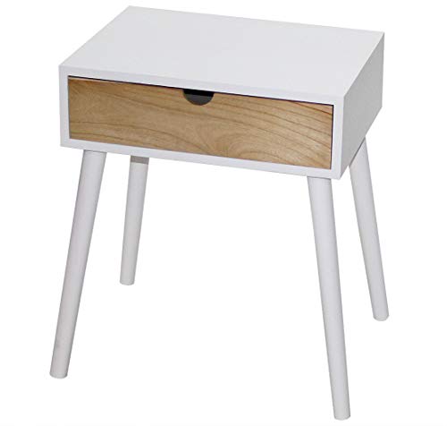 KMH® - Mesa auxiliar/mesa de cabeceira Star branco/natural com gaveta em design escandinavo moderno (#800078)