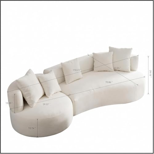 Image of Modern Curved White Sofa Couch with Plush Pillows - 4 Seater Upholstered Living Room Sofa | Contemporary Minimalist Design for Home, Office & Lounge. (Maroon L1)