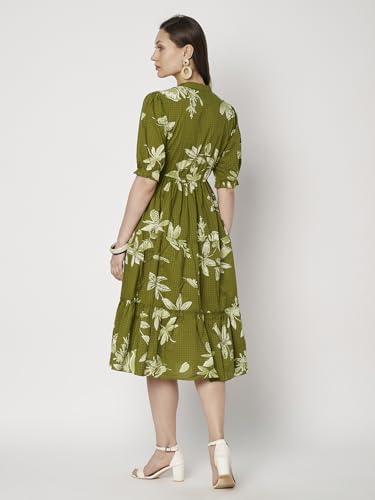 Image of PIDAVLIYA'S Women's Floral Summer Maxi Dress I Cotton Printed I One Piece Bodycon Midi Dress with V-Neck, Puffed Sleeves