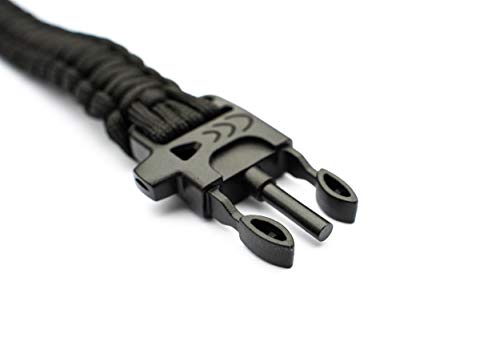 WIKA Survival Armband, Paracord, Feuerstein, Schaber, Signalpfeife, größenverstellbar (Schwarz)