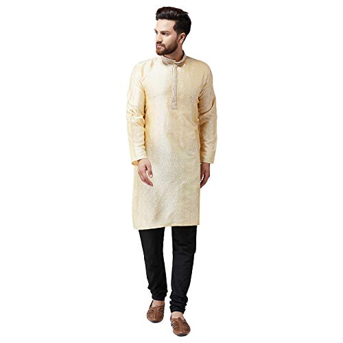 Image of SOJANYA (Since 1958 Mens Maroon Jacquard Silk Kurta and Black Churidaar Pyjama Set