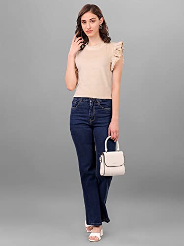 Image of SXV Solid Beige High Neck Ruffle Sleeve Velvet Top