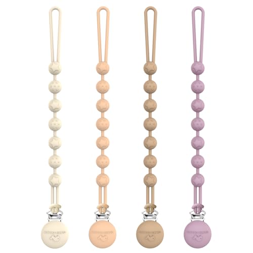 Image of Cuddle Campus Silicone Pacifier Clip Holder with One Piece Design, Pack of 4 Soft Flexible Binky Clips with Texture for Baby Boy and Girl Set 3(6M+)
