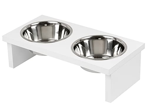 Hunde Futterstation L-WEWE mit 2 Edelstahlnäpfen 2 x 2,8l, Futternapf aus Buchenholz, 3 Größen, 6 Farbvarianten, leicht zu reinigender Hundenapf (L - 60 x 30 x 18H cm, Weiß) Cover