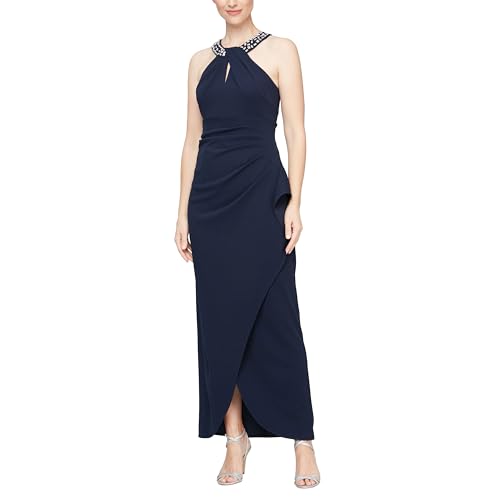 Image of S.L. Fashions Women's Long Cocktail Dress with Embellished Halter Neckline, Wedding Guest, Party (Petite and Regular Sizes)