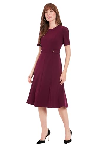 London Times Women's Short Sleeve Crepe Fit and Flare Midi with Waist Button Detail2