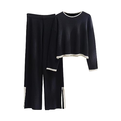 YMADREIG Prime Big Deal Days Womens Two Piece Sweater Sets Long Sleeve Pullover Tops and Elastic Wide Leg Pants Solid Color 2 Piece Lounge Sets