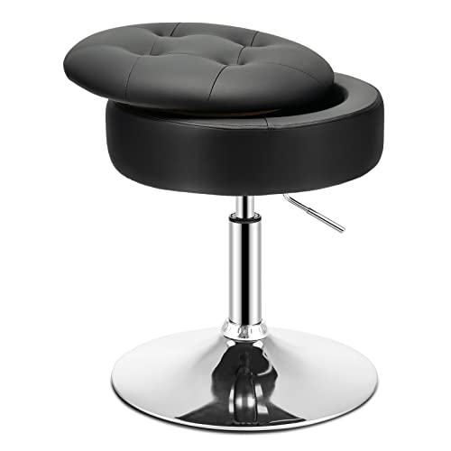 GOPLUS Tabouret de Coiffeuse Capitonné, Pouf de Rangement d'appoint avec Couvercle Réversible, Chaise de Maquillage Pivotante à 360° et Réglable en Hauteur de 51 cm à 66 cm (Noir)