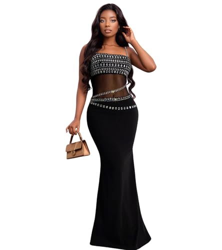 Image of Jigfar Women Sexy Elegant Rhinestone Mesh See Through Party Club Night Split Bodycon Formal Maxi Dress