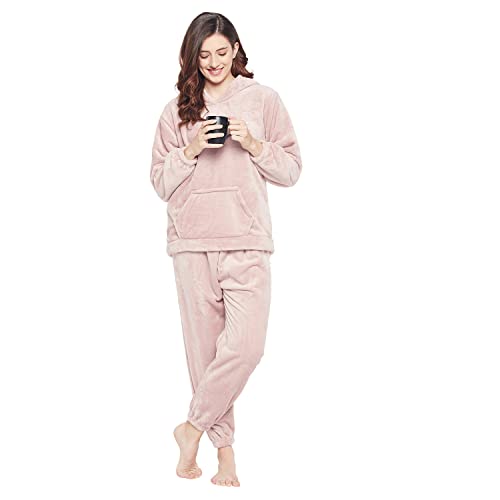 Image of CAMEY Women Winter Full Sleeve Top and Pajama Pants Regular Fit Night Suit Hooded Top and Pyjama Set Ladies Night Dress (Free Size, Peach)