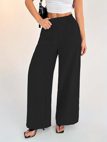 Image of Sugathari Women's Casual Wide Leg Pants - High Waist Elastic Waistband Loose Fit Long Trousers | Lightweight Straight Leg Summer PantsTrouser 254