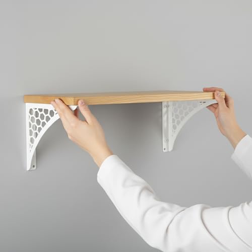 Image of Wall Shelf with Wooden Top Black|White Iron Brackets Storage Rack|Industrial Wall-Mounted Floating Shelf for Living Room,Kitchen,Bathroom (White Hexagon Large)