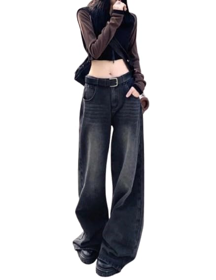 Image of Women's High Waist Baggy Wide Leg Jeans for Women - Loose Fit Washed Black Denim Pants with Straight Palazzo Style, Relaxed Streetwear Korean Trousers